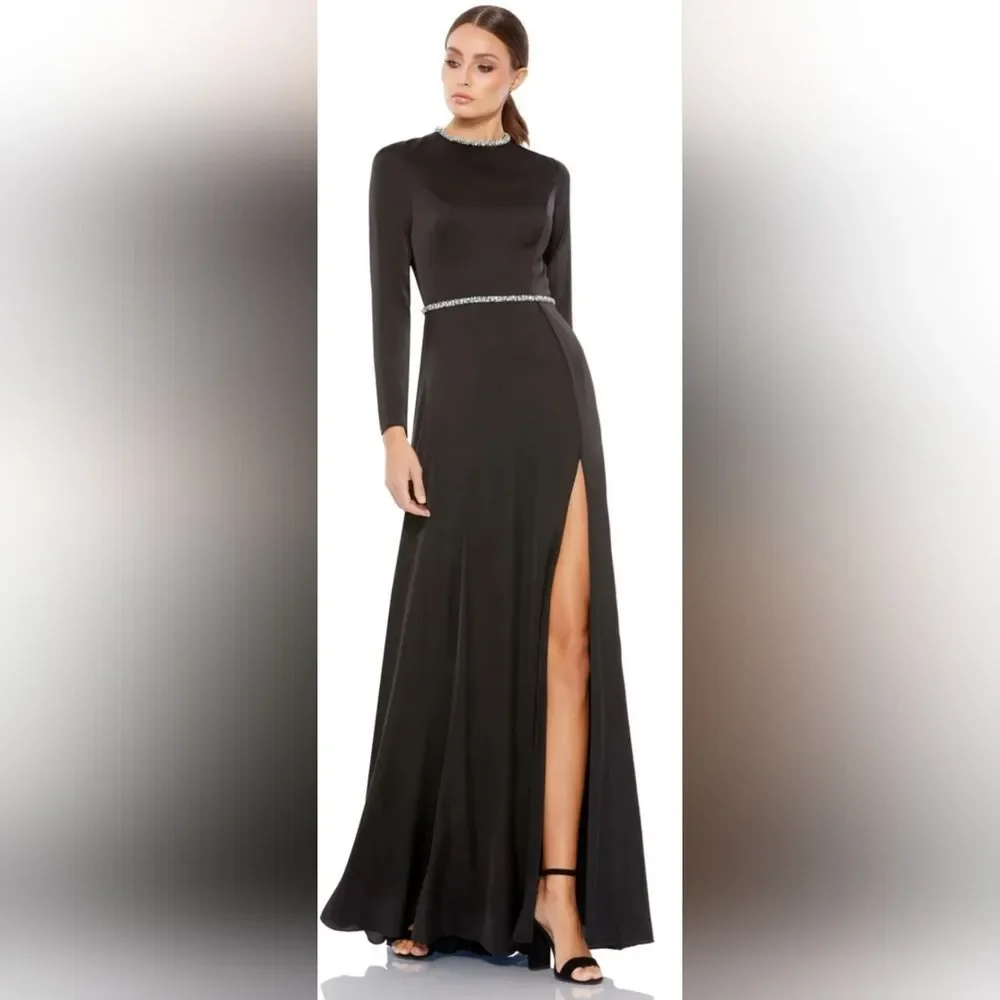 Mac Duggal LONG SLEEVE JEWEL TRIMMED CHARMEUSE GOWN (26524) size 4 Black